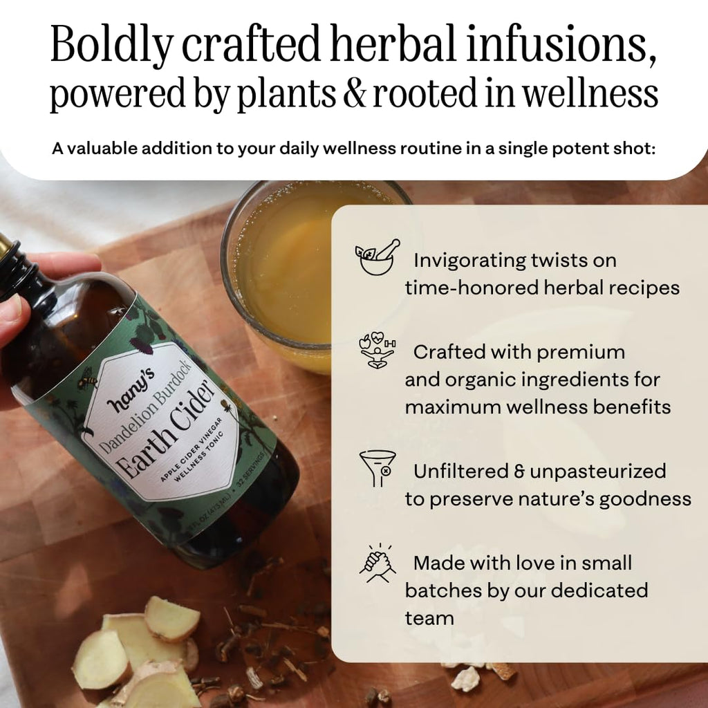 Hany's Harvest Dandelion Burdock Earth Cider – 16 fl oz | All-Natural Wellness Tonic, Apple Cider Vinegar | Non-GMO, Gluten-Free, Handcrafted