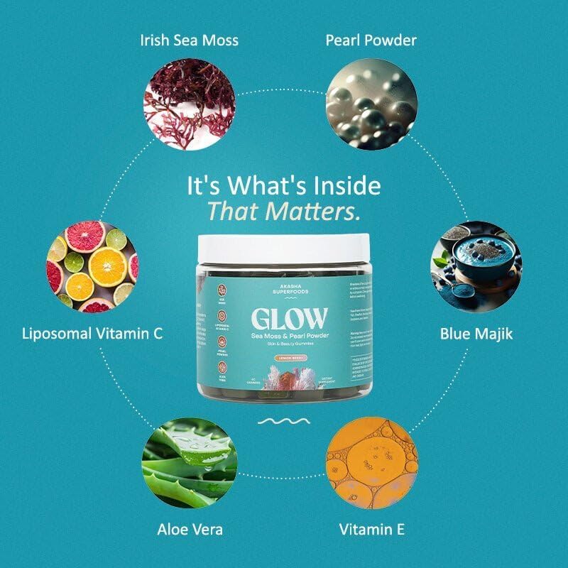 Sea Moss Glow Gummies, Hair, Skin & Nails Vitamins with Seamoss, Pearl Powder, Vitamin E, Aloe Vera, Liposomal Vitamin C, and Irish Sea Moss, Gummies for Women & Men, 60 Count