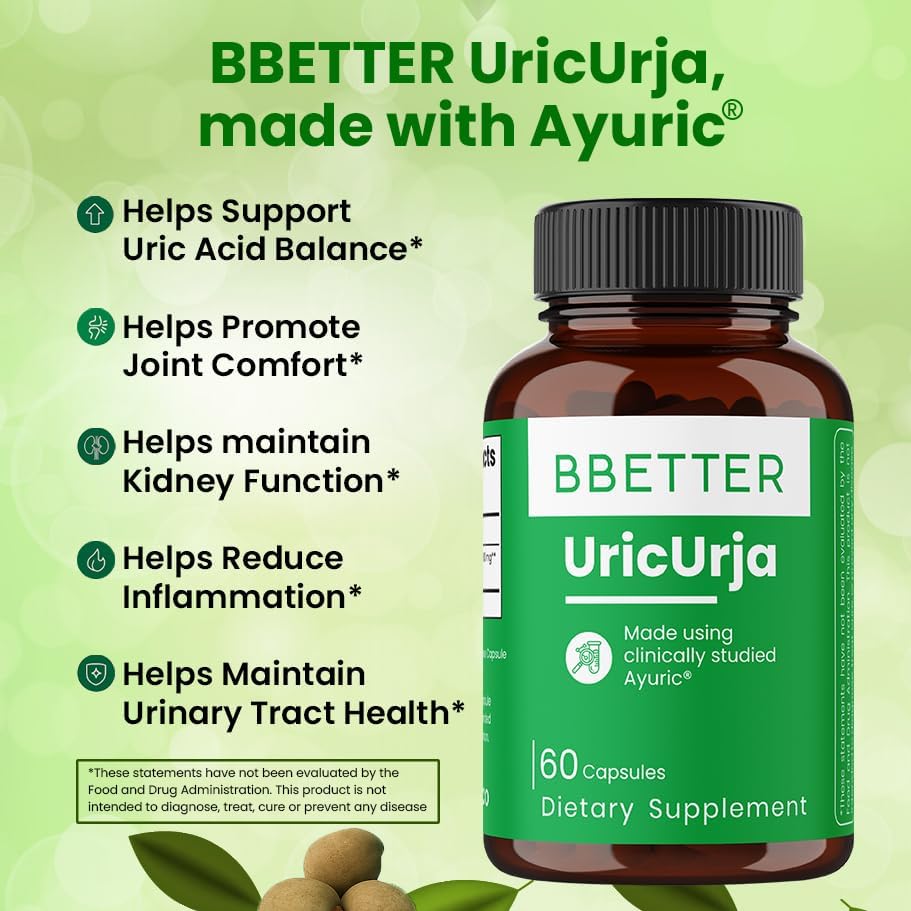 BBETTER UricUrja – Uric Acid Support Supplement with Ayuric® (Terminalia bellirica) – Lab-Tested Herbal Formula –180 Capsules