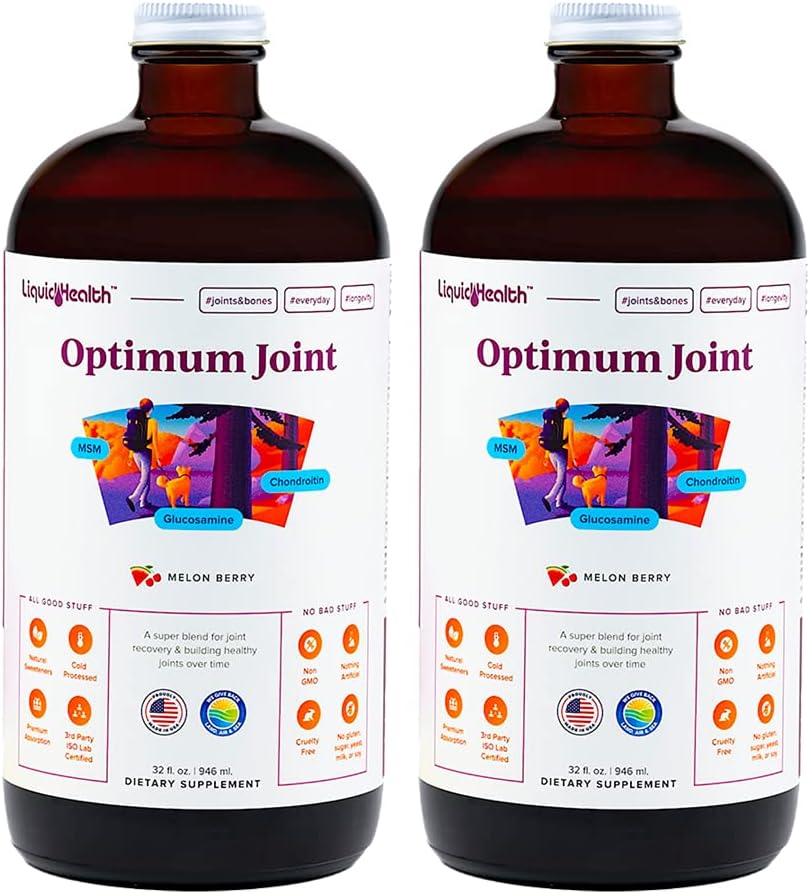 LIQUIDHEALTH Optimum Joint Support Liquid Multivitamin with Glucosamine, Chondroitin, MSM, Hyaluronic Acid - Increase Mobility, Joint Comfort, for Runners & Athletes - Made in USA, Vegan (2 Pack)