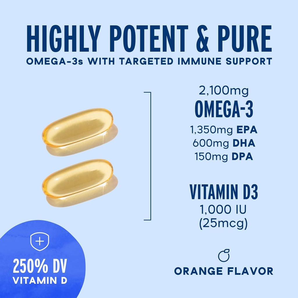 Oceanblue Professional Omega-3 2100 with Vitamin D3 – 120 ct - 2pack – Triple Strength Burpless Fish Oil Supplement with High-Potency EPA, DHA, DPA and Vitamin D3 – Wild-Caught – Orange Flavor
