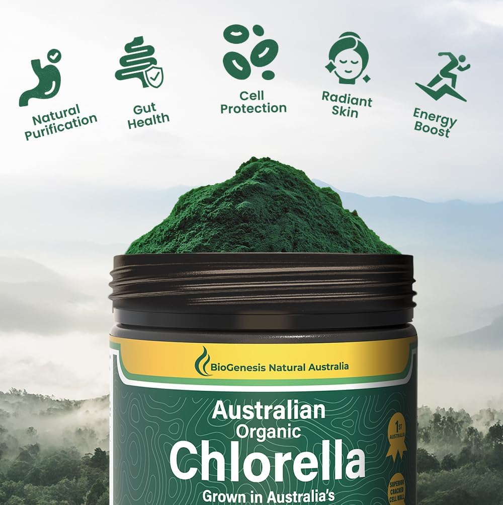 Biogenesis Organic Chlorella Powder – 200g | Australian Grown | BioDynamic Cracked Cell Wall | Rich in Chlorophyll, Vitamins & Minerals | Supports Energy & Immunity | Vegan Powder
