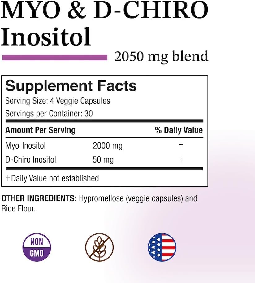 Puregen Labs Inositol Supplement | Myo Inositol & D-Chiro Inositol 2050mg - 120 Veggie Caps | No Harmful Additives | Non-GMO, NO Gluten and Dairy - Made in USA