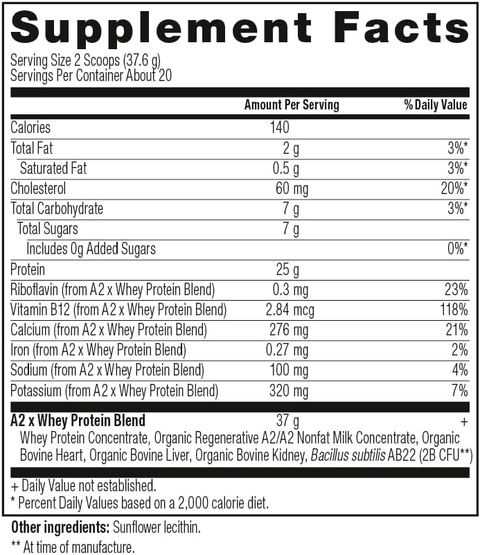 A2 Protein Powder, Unflavored, 25 G Protein per Serving, Organic A2/A2 Whey Casein Blend with Probiotics and Celtic Sea Salt, Gluten Free Workout Supplement, Non GMO, 20 Servings, 27.4 Oz