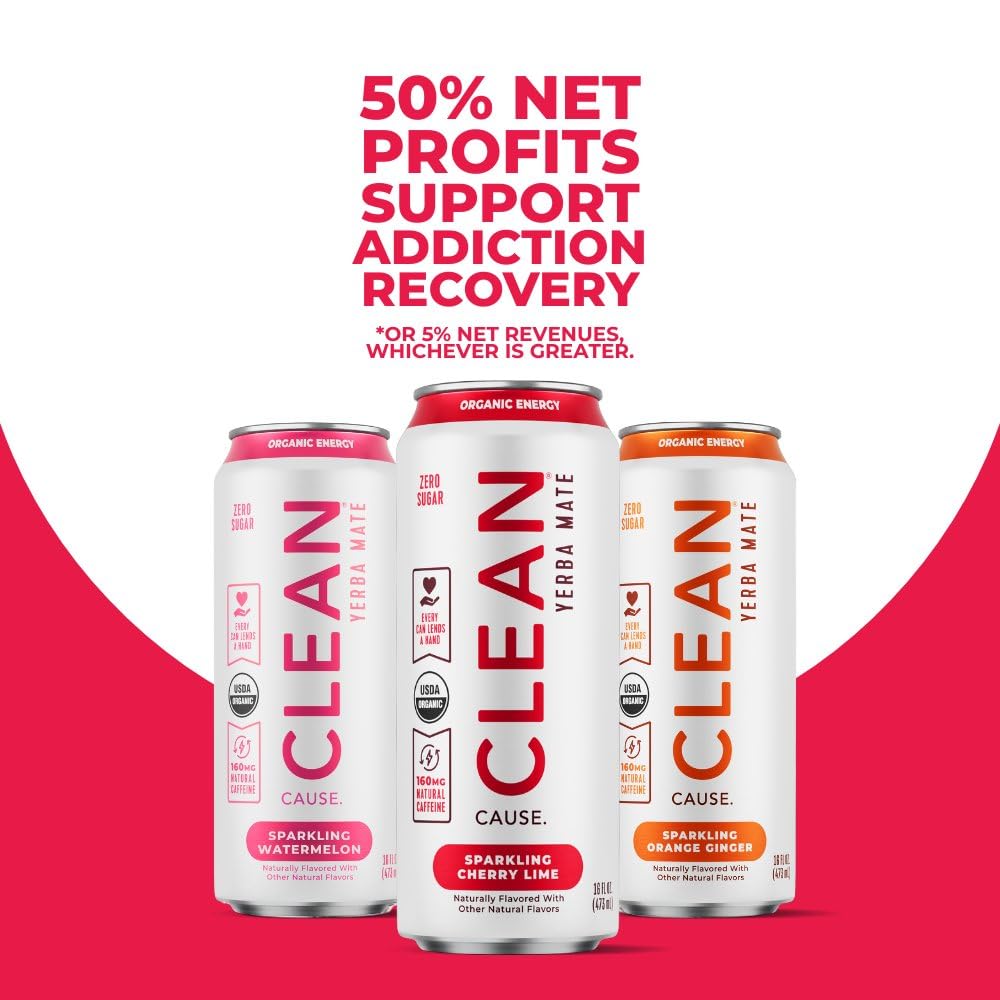 CLEAN Cause Zero Sugar Watermelon Yerba Mate Tea Sparkling, USDA Organic Energy Drink Alternative, Zero Calorie, 160mg Natural Caffeine, Soda Alternative, Plant-Based (16oz cans, 12-Pack Case)