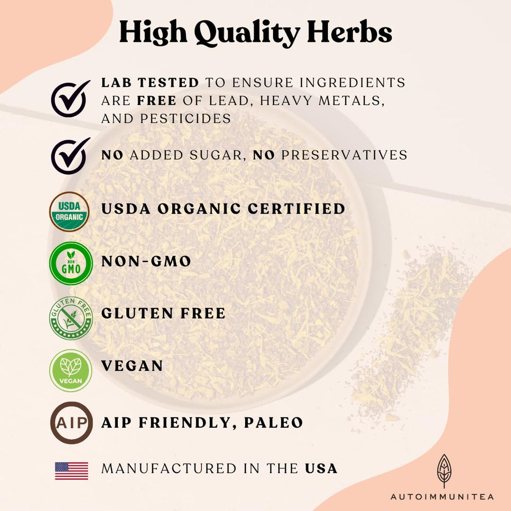 Organic Turmeric Ginger Tea - AIP diet, Whole 30, Paleo friendly, Golden Tonic Herbal Blend - Ayurvedic rooibos herbs, 100% Organic Gluten-Free
