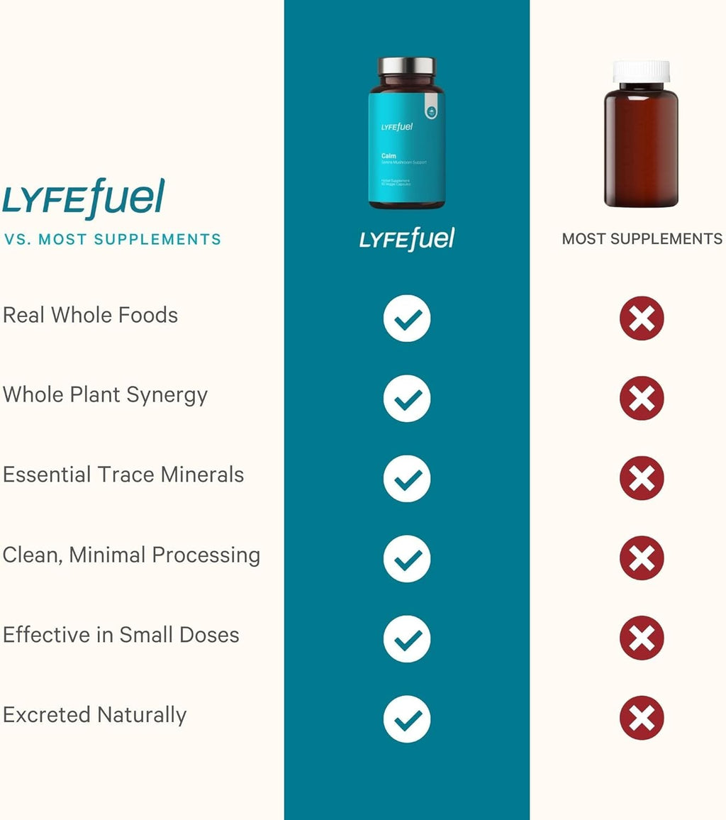 LyfeFuel Adaptogen Blend for Relaxation & Mood Support - Serene Whole Food & Organic Herb Complex to Calm Mind & Body | Lion’s Mane, Chaga, Kava, Lavender | 60 Vegan Capsules