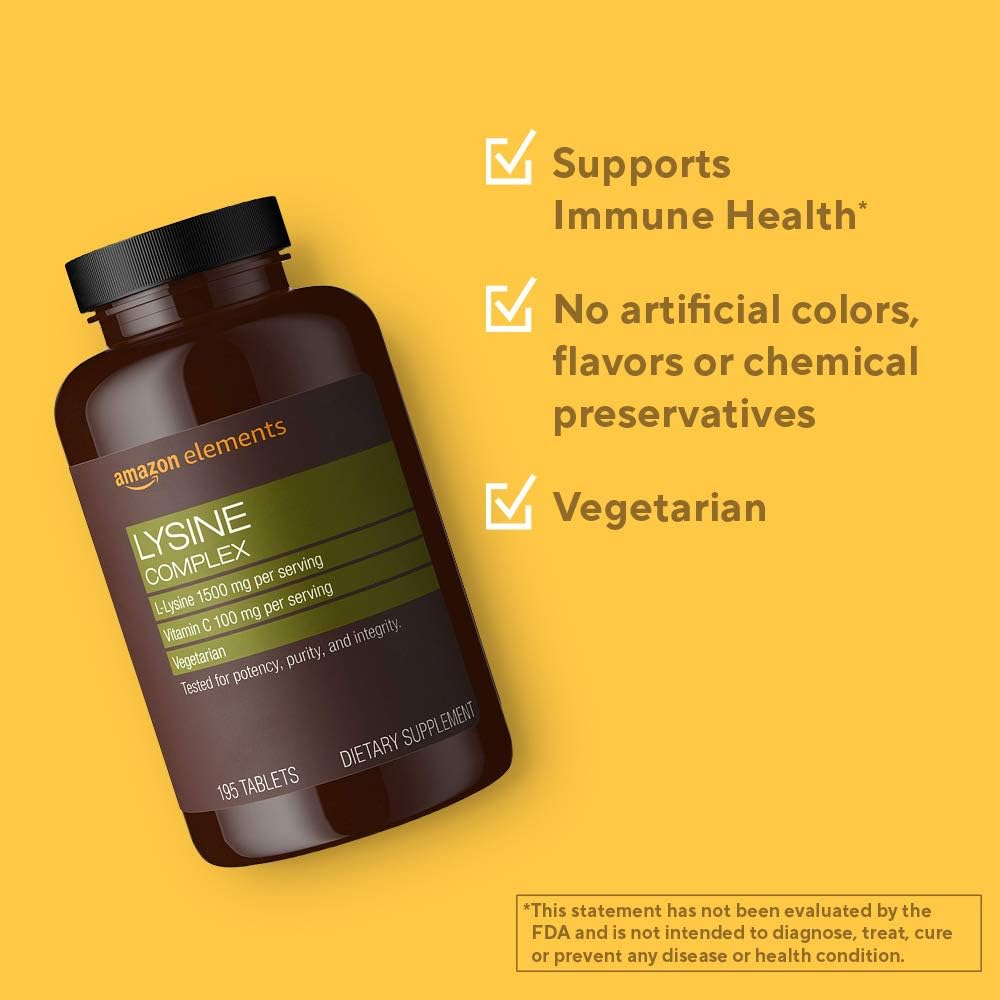 Amazon Elements Lysine Complex with Vitamin C for Immune Health Support, Vegetarian, 65 Servings, 195 Count (Packaging May Vary) (Pack of 2)