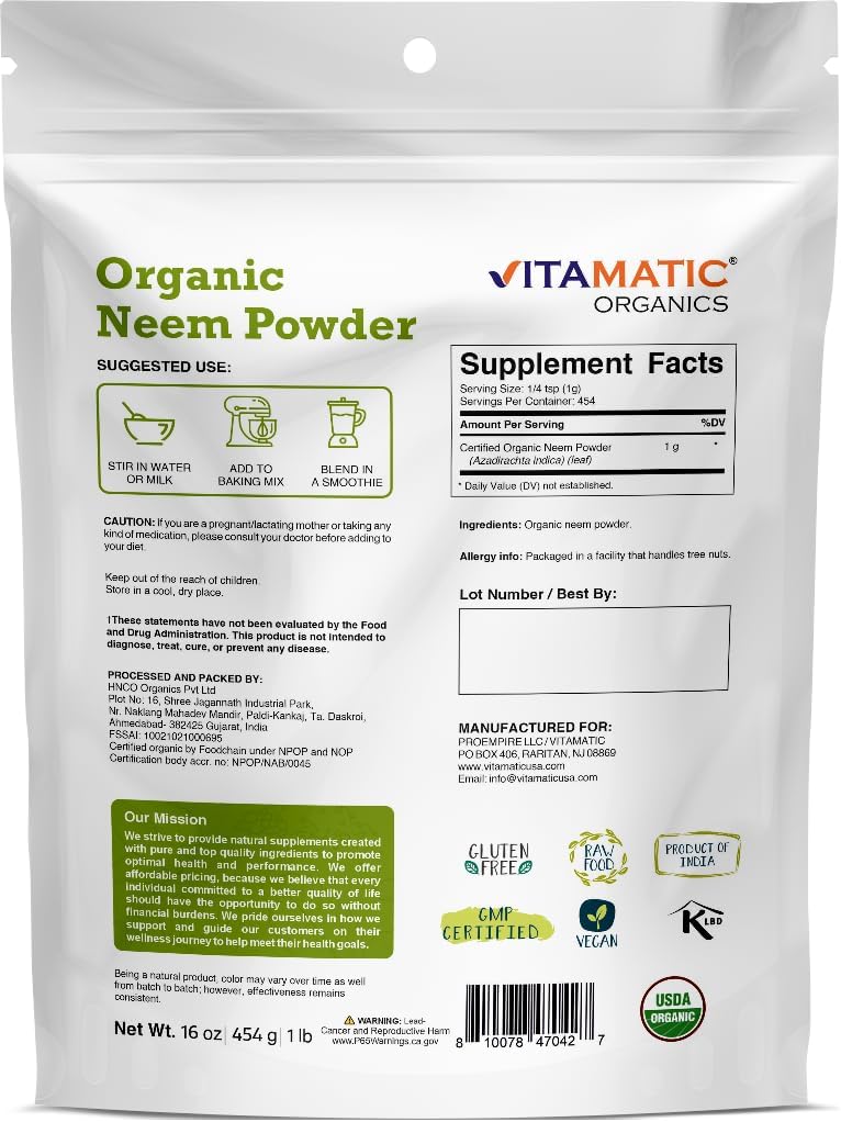 Vitamatic Certified USDA Organic Neem Leaf Powder – 1 lb (16 oz) 100% Pure Azadirachta Indica | Traditional Ayurvedic Herb for Skin, Immune, and Detox Support