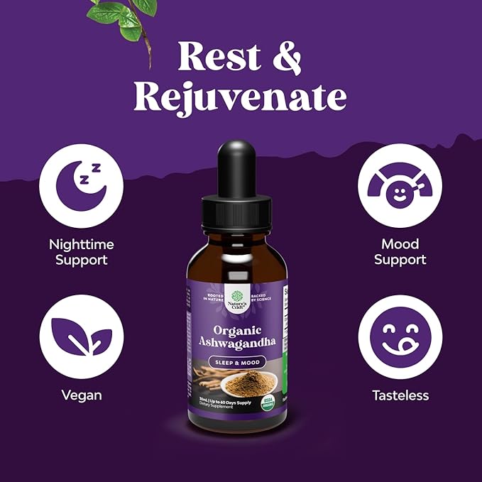 USDA Organic Ashwagandha Liquid Drops - Ashwagandha Root Extract for Stress and Mood Support - Delicious Pure Adaptogen Drops for Adults - Alcohol-Free Herbal Tinctures for Rest - 30 ml Bottle