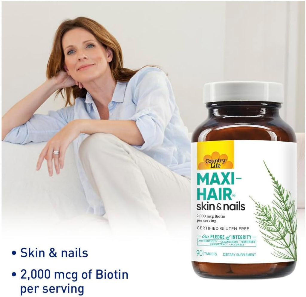 Country Life Maxi-Hair Supplement - 2000mcg Biotin & Vitamins for Hair, Skin & Nails - Certified Gluten-Free & Vegetarian - Supports Hair Growth, 90 Tablets