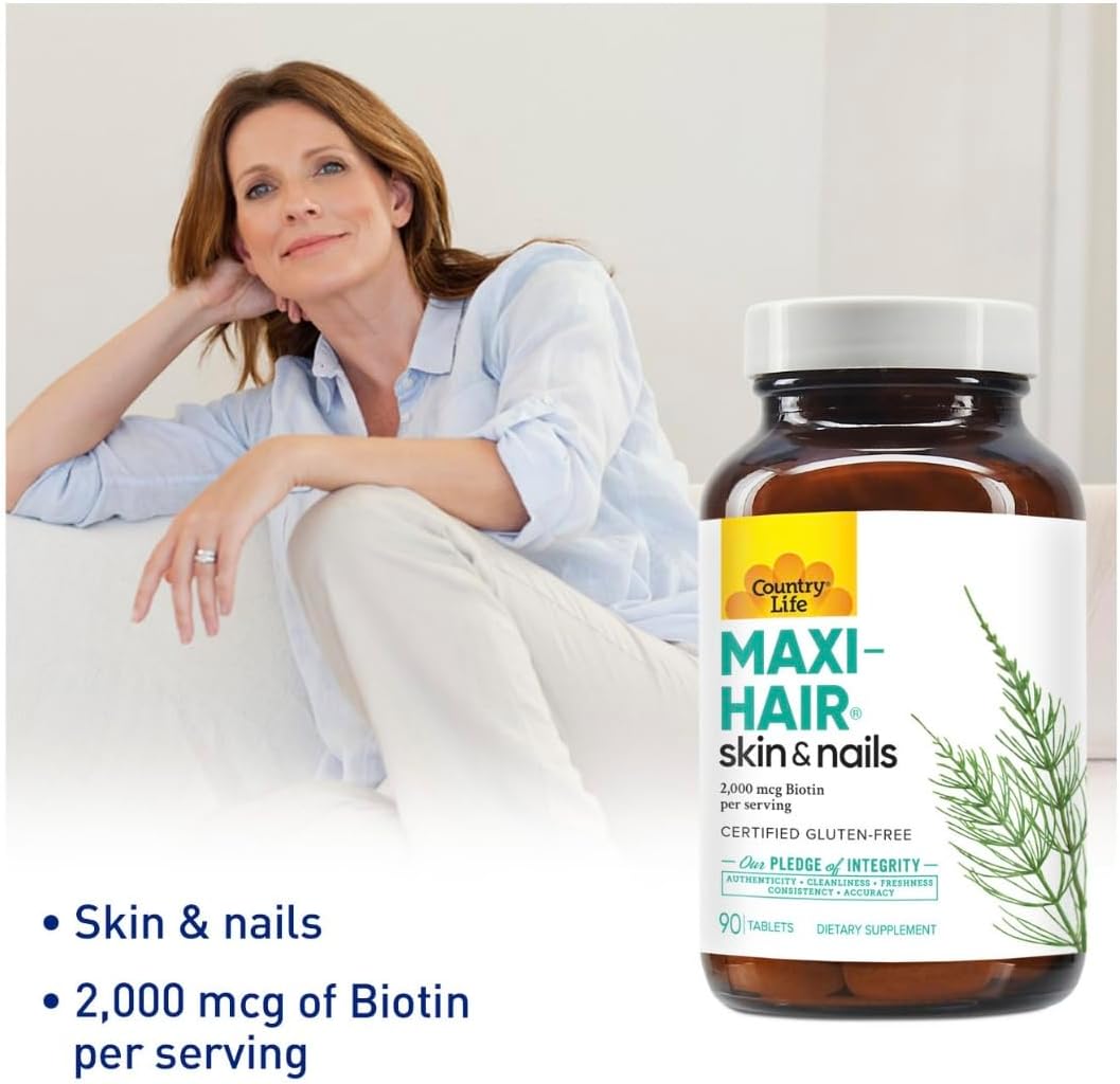 Country Life Maxi-Hair Supplement - 2000mcg Biotin & Vitamins for Hair, Skin & Nails - Certified Gluten-Free & Vegetarian - Supports Hair Growth, 90 Tablets