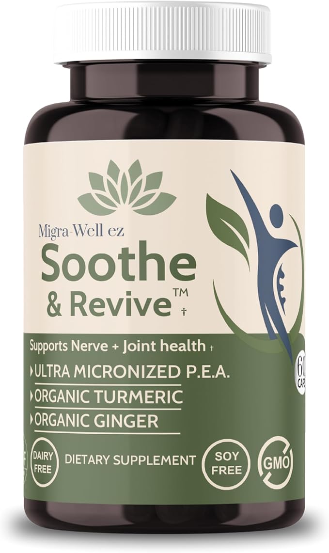 Migra-Well EZ Ultra-Micronized Pea (Palmitoylethanolamide) 600mg with Organic Turmeric & Ginger, Nerve Support and Joint Health Supplement for Men & Women, Non-GMO, Gluten-Free, 60 Capsules