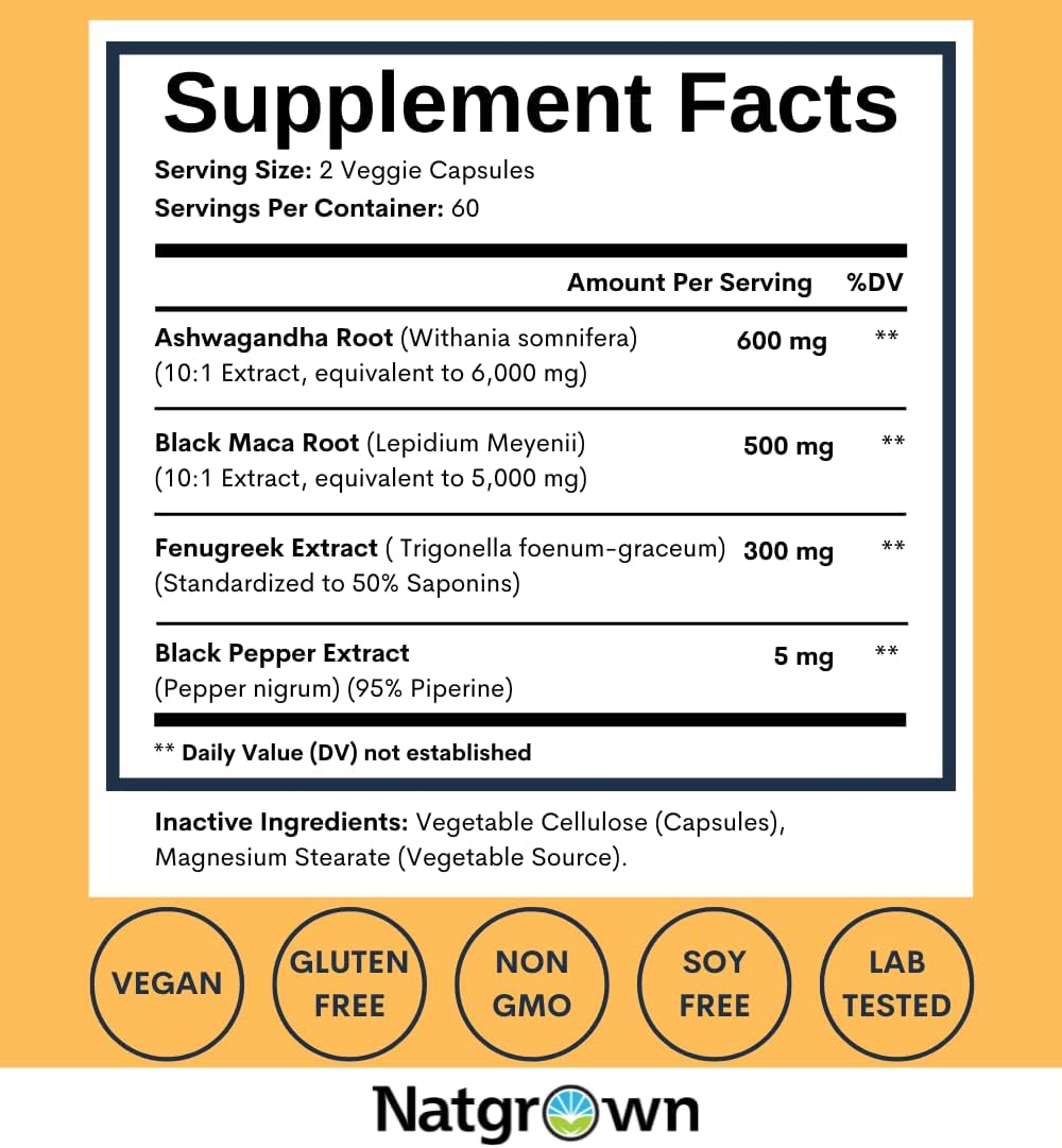 Natgrown Ashwagandha Maca Root Fenugreek Extract Capsules Supplement for Men & Women - Vegan Pills - (120 Count)