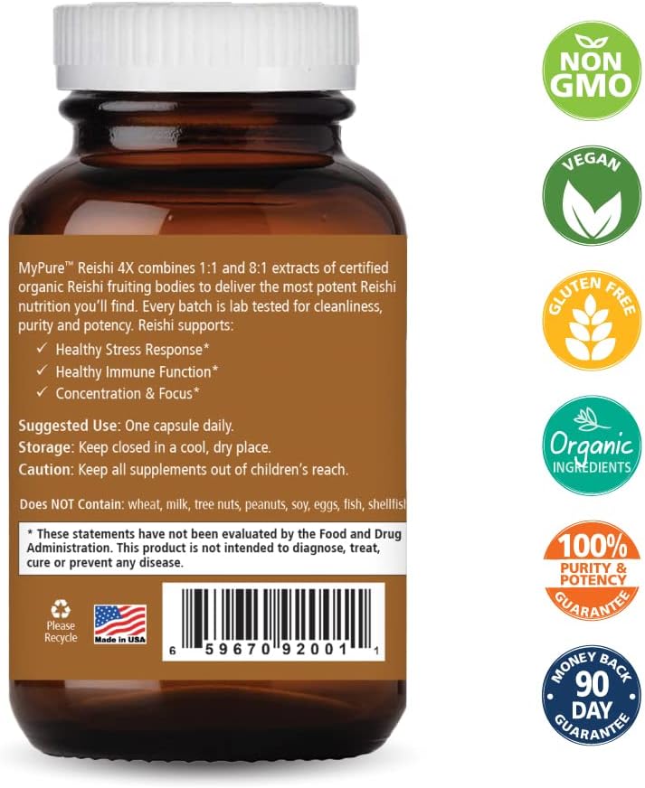 PURE ESSENCE LABS MyPure Reishi 4X Organic Mushrooms Supplement - 100% Real Mushroom Extract for Immune Support, Stress Relief, Build Energy (30 Capsules)