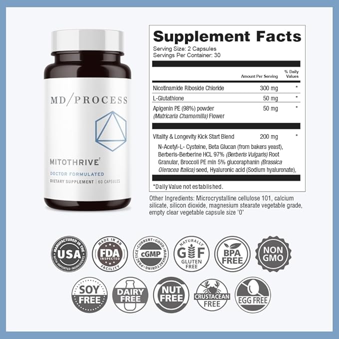 MitoThrive NAD+ Supplement - Boost Cellular Energy & Longevity - NAD+ Supplement for Women & Men - Contains Nicotinamide Riboside - Support Mitochondrial Health - 60 Capsules