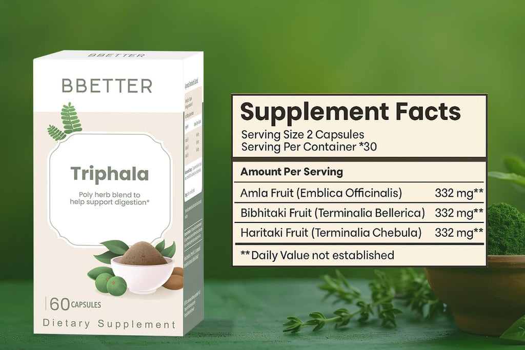 BBETTER Triphala – Ayurvedic Herbal Supplement with Amla, Haritaki & Bibhitaki for Occasional Constipation & Bloating – Supports Digestion, Healthy Bowel Function, Colon Cleanse & Detox - 120 Capsules