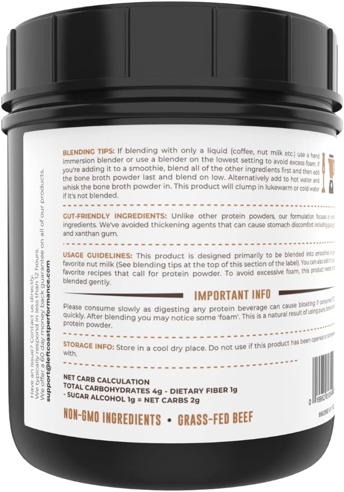 16oz Chocolate Bone Broth Protein Powder From Grass Fed Beef - Non-GMO Ingredients, Gut-Friendly, Low Carb Dairy Free Protein Powder - Natural Collagen Source For Joint Support - Keto Friendly