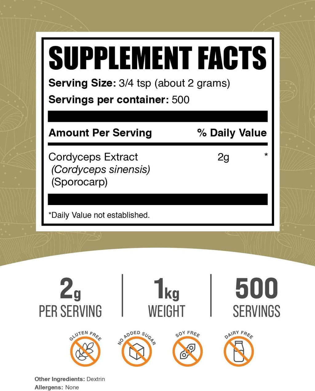 BulkSupplements.com Cordyceps Mushroom Extract Powder - Cordyceps Sinensis, Mushroom Supplement - Vegan & Gluten Free, 2g per Serving, 1kg (2.2 lbs) (Pack of 1)