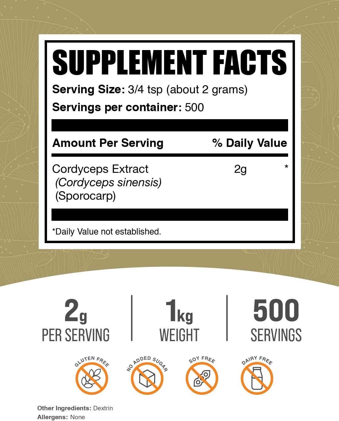 BulkSupplements.com Cordyceps Mushroom Extract Powder - Cordyceps Sinensis, Mushroom Supplement - Vegan & Gluten Free, 2g per Serving, 1kg (2.2 lbs) (Pack of 1)