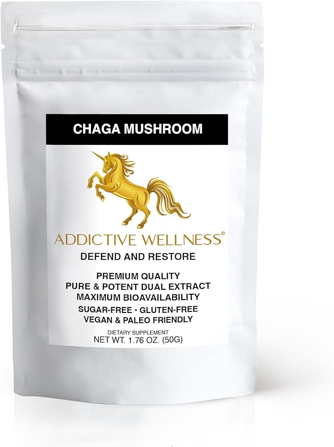 Addictive Wellness Chaga Mushroom Extract Powder – Dual-Extracted Full-Spectrum Adaptogen for Immune Support, Antioxidant Protection, Energy & Radiant Skin – 100% Pure, Potent & Ready-to-Drink
