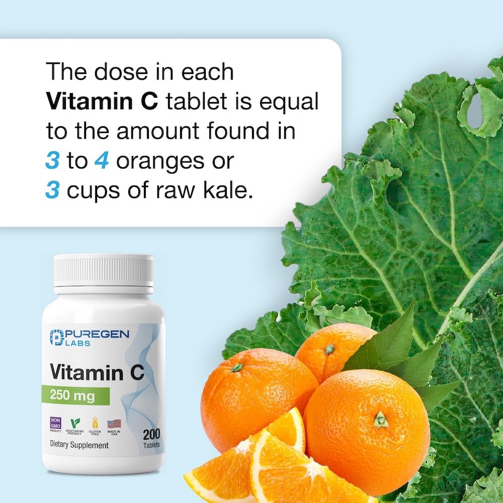 Puregen Labs Vitamin C 250 MG Supports a Healthy Immune System & Antioxidant Protection | Non-GMO | Gluten Free | Made in USA - 200 Tablets