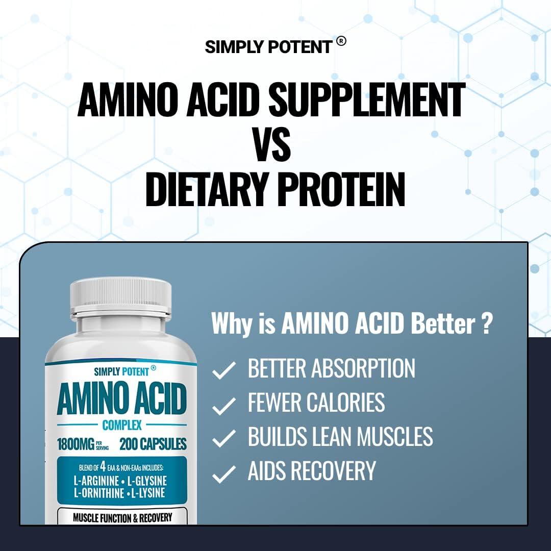 Simply Potent Amino Acid Complex 1800mg 200 Capsules, Blend of 4 Essential and Non Essential Amino Acids, Includes L-Arginine 550mg, L-Ornithine 500mg, L-Glysine 400mg & L-Lysine 350mg for Muscle