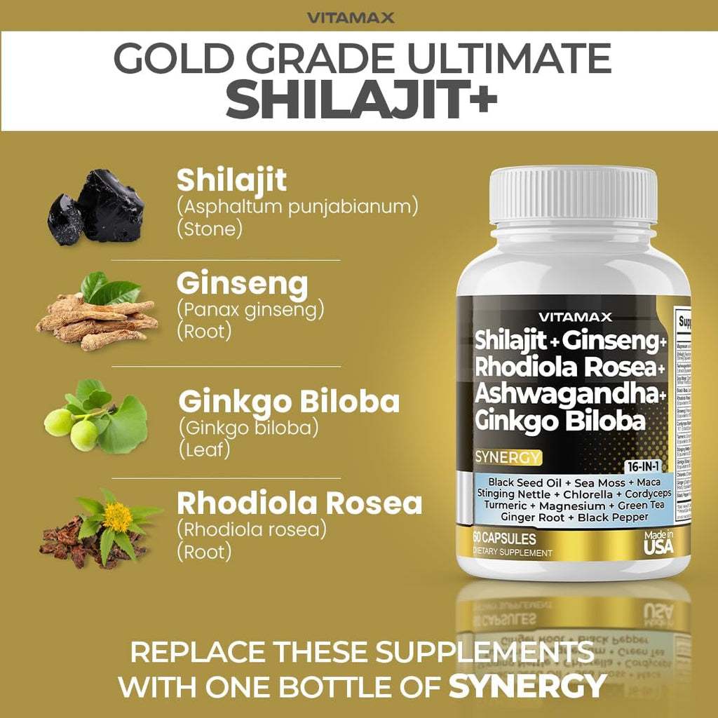 Vitamax Pure Himalayan Shilajit Supplement, Sea Moss, Ashwagandha, Bladderwrack, Gingko Biloba, Organic Capsules & Trace Mineral for - Non-GMO - Vegan - Men and Women – Made in USA