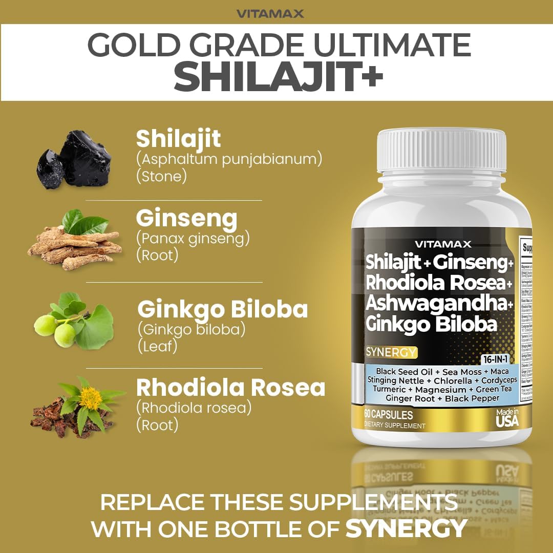 Vitamax Pure Himalayan Shilajit Supplement, Sea Moss, Ashwagandha, Bladderwrack, Gingko Biloba, Organic Capsules & Trace Mineral for - Non-GMO - Vegan - Men and Women – Made in USA