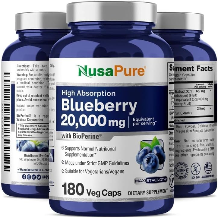 NusaPure Blueberry Concentrate 20,000mg - 180 Veggie Powder caps (Extract 30:1, 100% Vegetarian, Non-GMO)