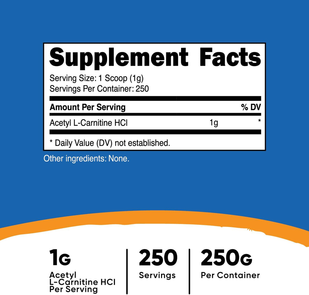 Nutricost Acetyl L-Carnitine (ALCAR) 250 Grams Powder - 1G Per Serving - 250 Servings