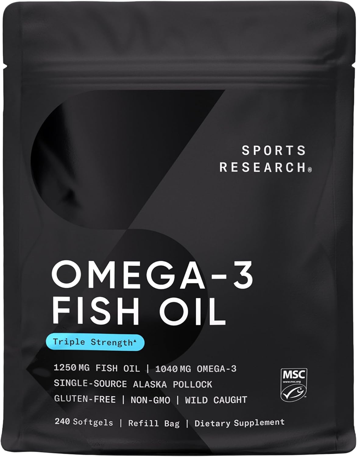 Sports Research Triple Strength Omega 3 Fish Oil - Burpless Fish Oil Supplement w/EPA & DHA Fatty Acids from Wild Alaskan Pollock - Heart, Brain & Immune Support for Men & Women - 1250 mg, 240 ct