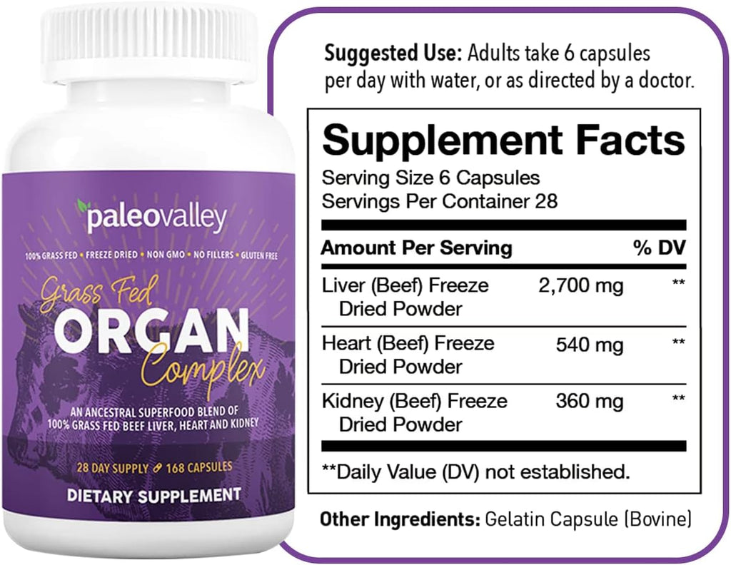 Paleovalley Grass Fed Beef Organ Complex - Freeze-Dried Beef Liver, Heart, and Kidney Blend, 1 Bottle