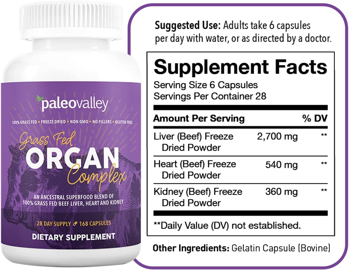 Paleovalley Grass Fed Beef Organ Complex - Freeze-Dried Beef Liver, Heart, and Kidney Blend, 1 Bottle