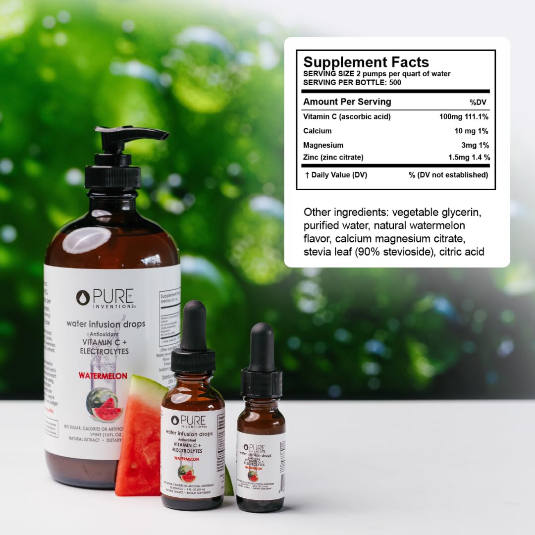 Pure Inventions - Watermelon Water Infusion Drops - Antioxidants, Vitamin C & Electrolytes - Health & Wellness Drink -Immunity Support -Sugar Free, Zero Calorie, No Artificial Sweeteners -500 Servings