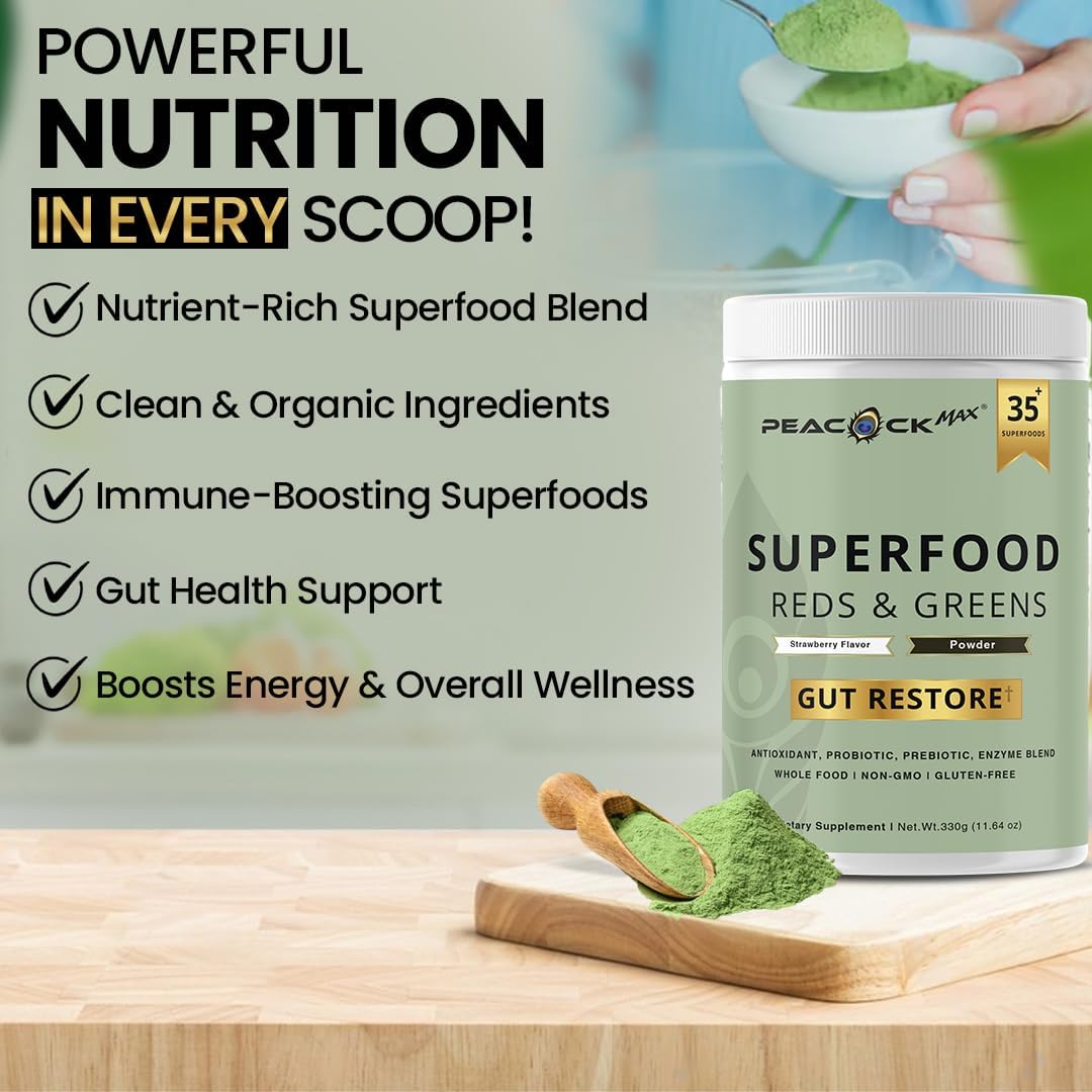 Superfood Reds & Greens Powder - 11.64 oz, Prebiotics & Probiotics for Digestive Health, Super Greens Powder with Ashwagandha for Gut Health, Immunity, Antioxidants, Strawberry Flavor, Vegan, Non-GMO