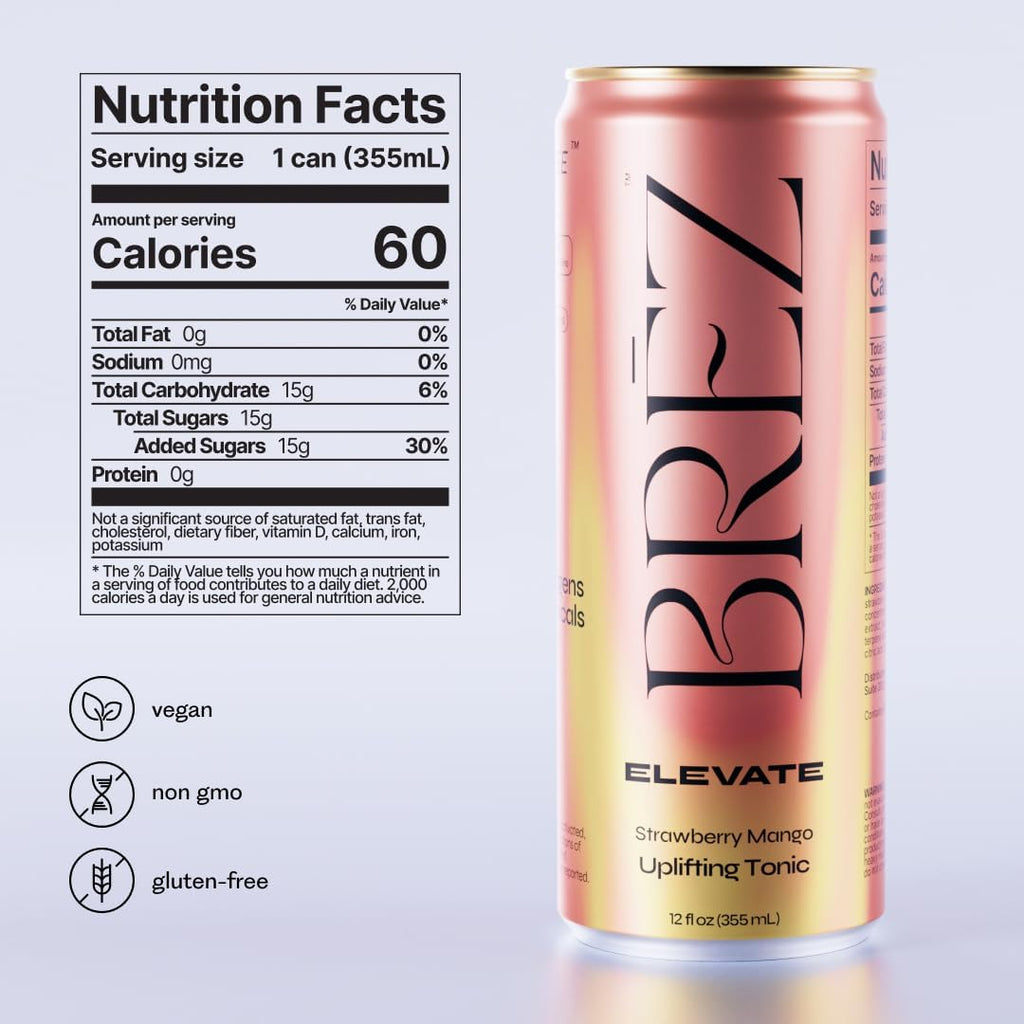 BRĒZ ELEVATE Cordyceps Mushroom Drink, Non-Infused Uplifting Tonic with Cordyceps, Guayusa, Maca & Ginseng, Vegan Adaptogen Drink for Focus, Drive & Mental Clarity, Strawberry Mango, 12 fl oz, 8 Pack