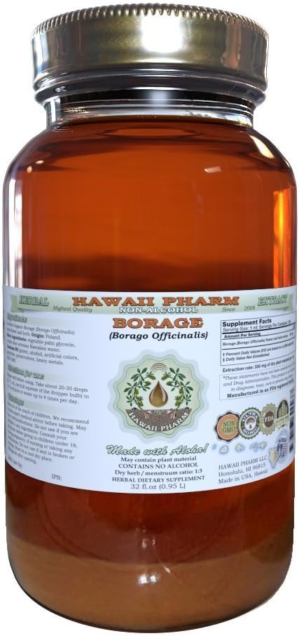 Borage Alcohol-Free Liquid Extract, Borage (Borago Officinalis) Dried Flower and Herb Glycerite Hawaii Pharm Natural Herbal Supplement 32 oz Unfiltered