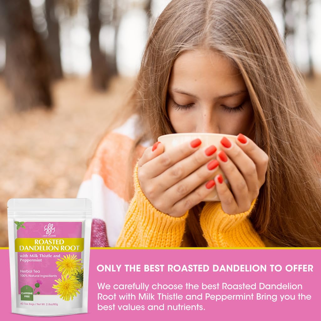 Premium Roasted Dandelion Root Tea with Milk Thistle and Peppermint - Herbal Tea for Cleanse and Digest, 40 bags