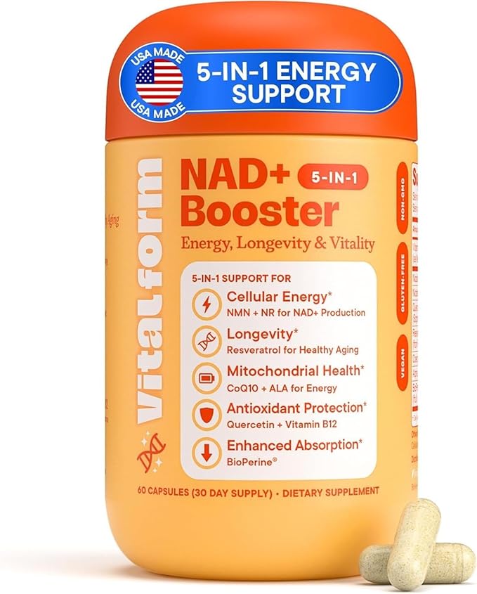 NAD+ Supplement with NMN & Nicotinamide Riboside (NR) – Advanced Cellular Energy & Healthy Aging Complex – with Resveratrol, CoQ10, Quercetin & BioPerine – 60 Vegan Capsules