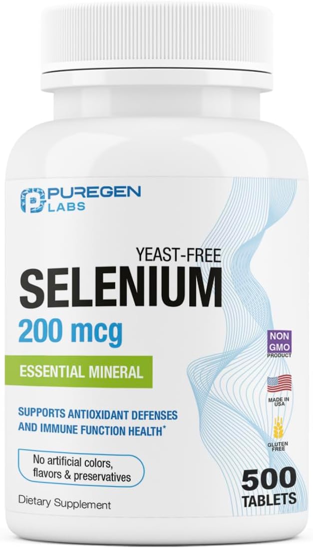 Puregen Labs Selenium 200 mcg Yeast Free Essential Mineral - 500 Vegetarian Tablets | Immune & Antioxidant Support | Non-GMO, Gluten Free