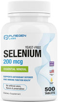 Puregen Labs Selenium 200 mcg Yeast Free Essential Mineral - 500 Vegetarian Tablets | Immune & Antioxidant Support | Non-GMO, Gluten Free