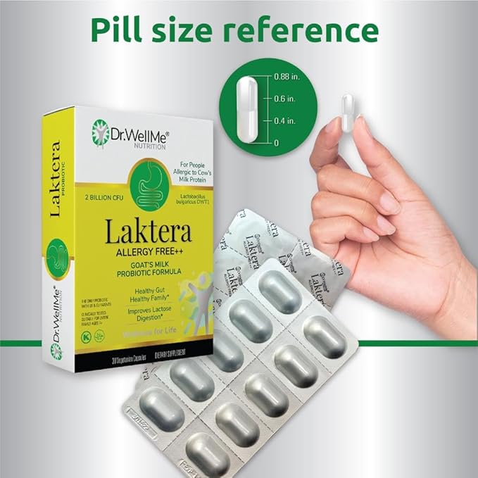 Dr. WellMe Laktera Allergy-Free Probiotics – 30 Capsules, 12B CFU Goat’s Milk Probiotic Formula, Immune & Gut Health Supplements – Low Lactose, Gluten-Free for Adults & 7+ Children
