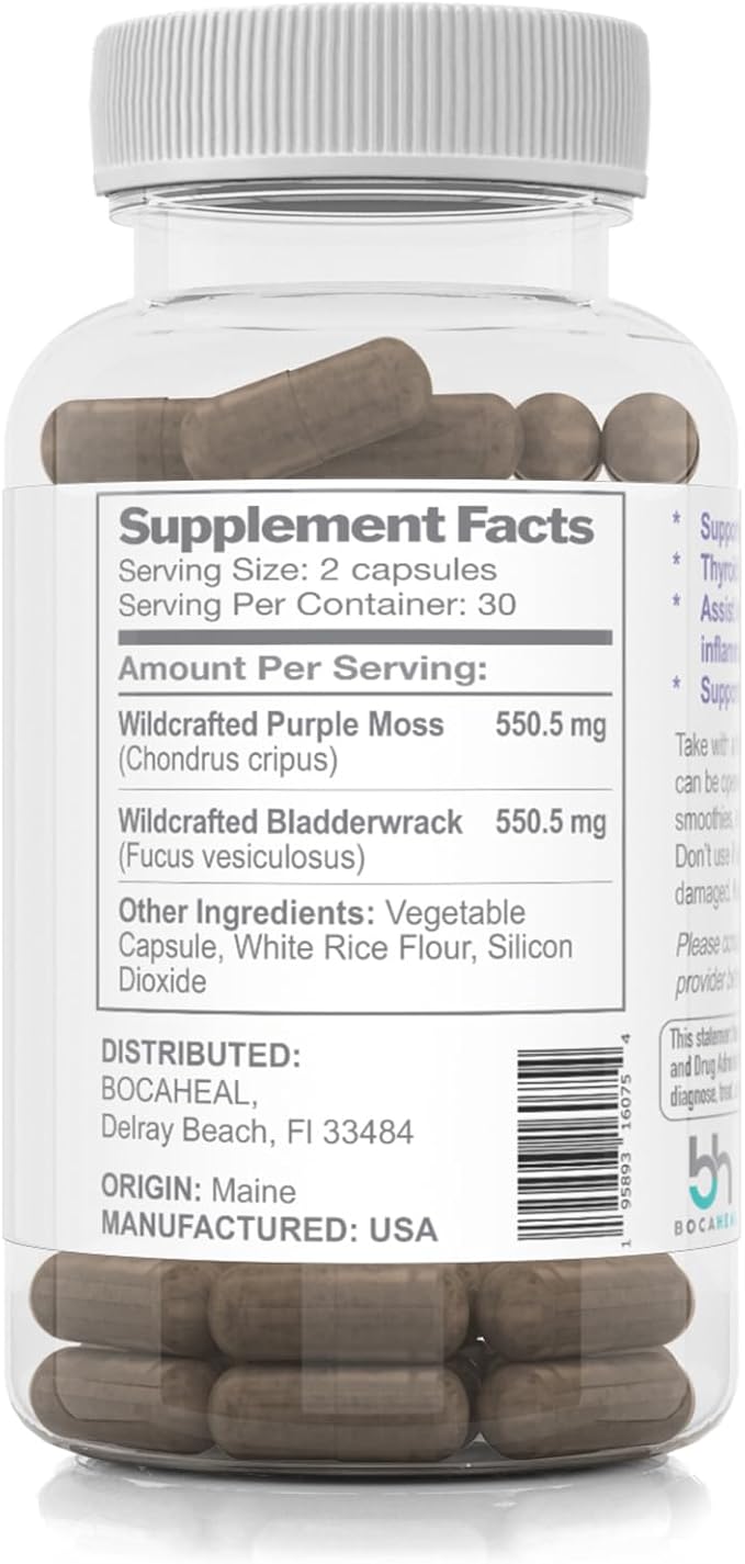 Purple Seamoss + Bladderwrack Seaweed Capsules - 2202mg Complete Nutrient Profile, Wildcrafted & Wildharvested, Made in the USA, Rich in Minerals, 60 ct