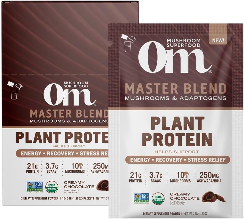 OM MUSHROOM SUPERFOOD Master Blend Mushrooms & Adaptogens, Creamy Chocolate Plant Protein, Single Serve, 10 Count, 10 Mushroom Complex, Lion's Mane, Ashwagandha, Stress Relief, GLP-1 Support
