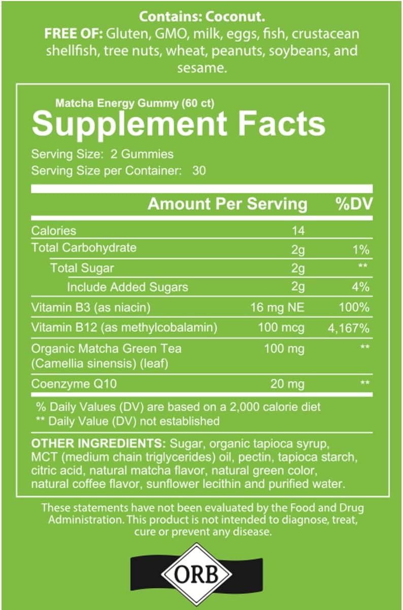 Matcha Organic Green Tea Energy Gummies, Vitamin B12, Vitamin B3, and Antioxidant CoQ10 for Natural Energy Boost, Vegan, Gluten-Free, Non-GMO and Kosher (60 Count (Pack of 1), Matcha)