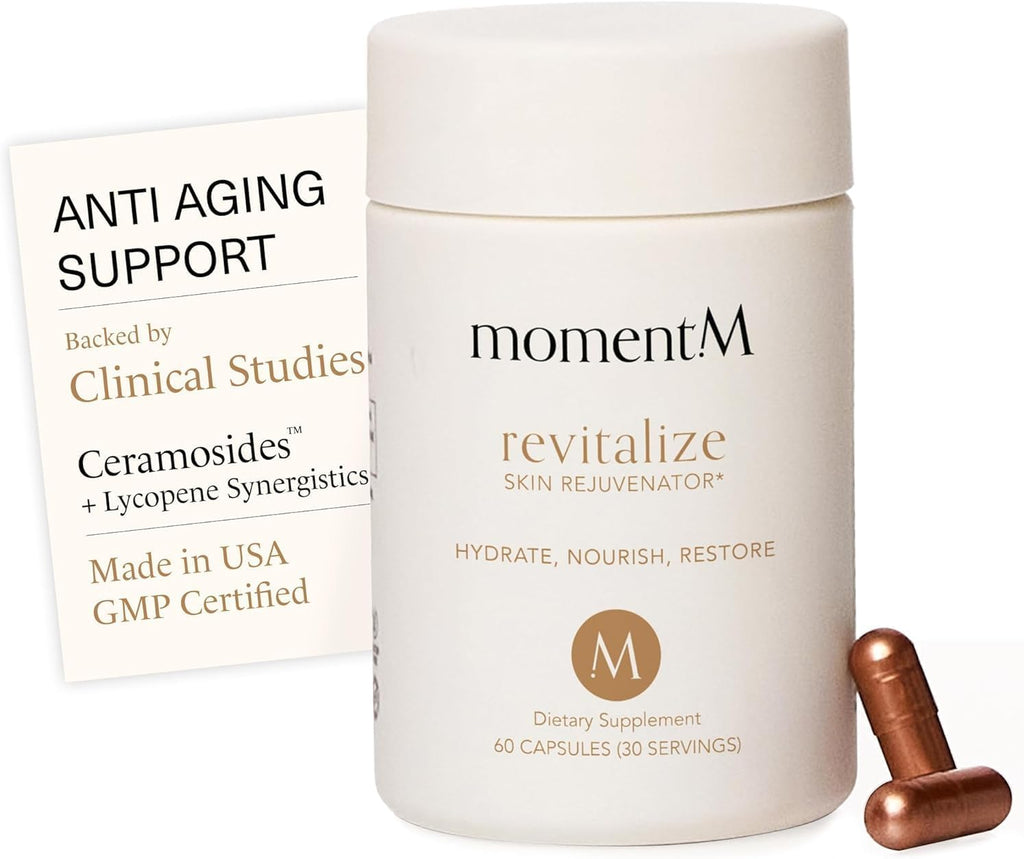Revitalize Skin Supplement for Wrinkles Fine Lines Hydration Anti Aging Longevity - Nail Skin Hair Vitamins - Phytoceramides Lycopene Hyaluronic Acid Pills - Gluten Free Non GMO Vegan - 60 Capsules