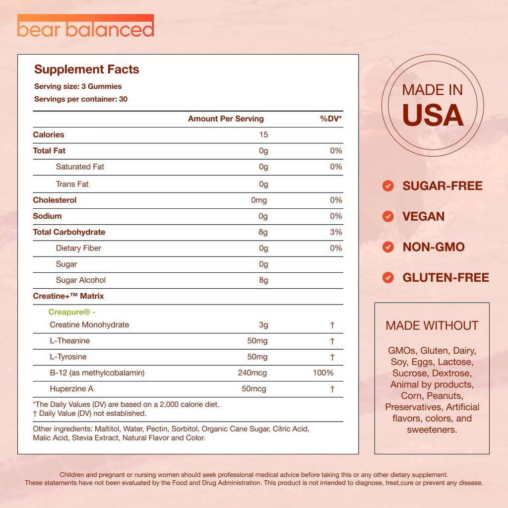Bear Balanced Creatine Gummies for Men & Women - Creapure® Creatine Monohydrate, L-Theanine, L-Tyrosine & B12 for Muscle Growth, Strength, Focus, Energy & Health - Low Calorie, Sugar-Free, & Vegan