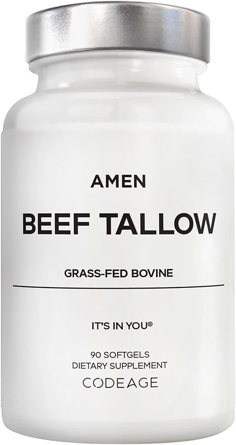 Amen Beef Tallow Supplement - Grass-Fed Beef Tallow Vitamins & Nutrients - Whole-Food, Paleo Diet - Bovine Tallow - Minerals - Skin Support - Non-GMO, Gluten-Free - 90 Softgel Capsules