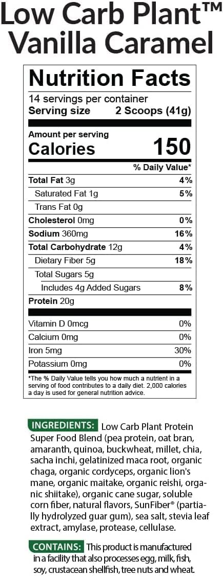 BioTrust Low Carb Plant, Delicious, Creamy, 20 Grams of Clean, Complete, Plant-Based Protein, 5 Grams Fiber, 15 Superfoods, Vegan, Dairy-Free -14 Servings (Vanilla Caramel)